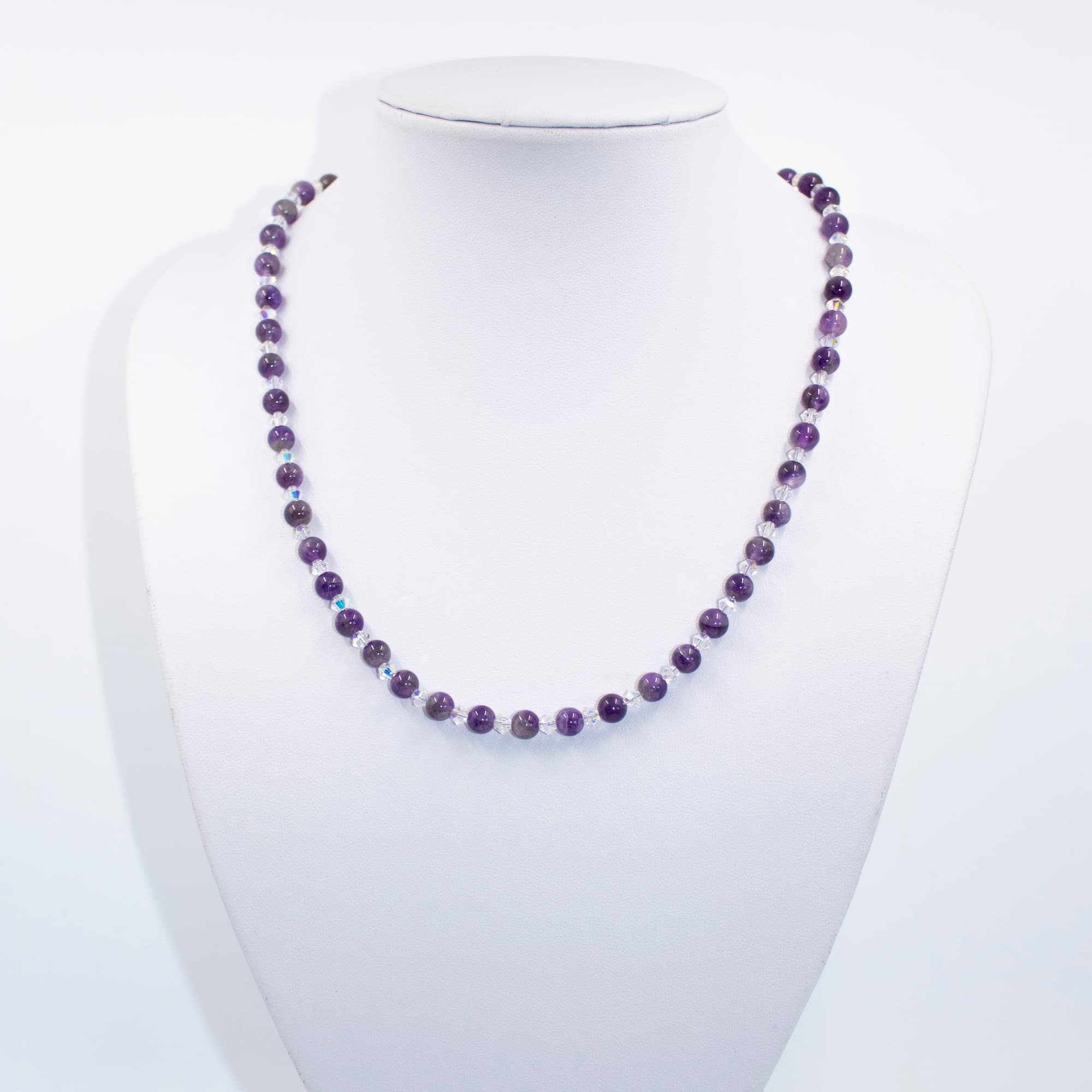 Amethyst 6mm Round and Crystal Necklace | Becky's Beads Amethyst and Swarovski Necklace