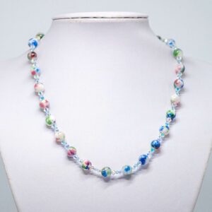 Blue, Red and White Rainflower Stone and Crystal Necklace