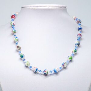 Blue, Red and White Rainflower Stone and Crystal Necklace