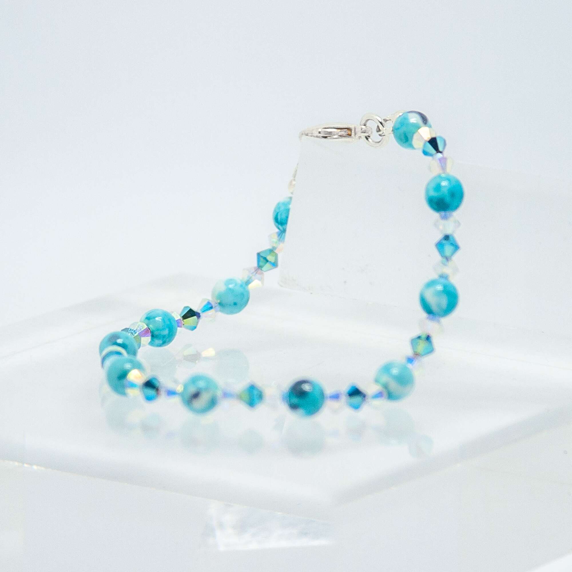 Blue and White Rainflowerstone and Crystal Bracelet | Becky's Beads Blue and White Rainflowerstone and Crystal Bracelet