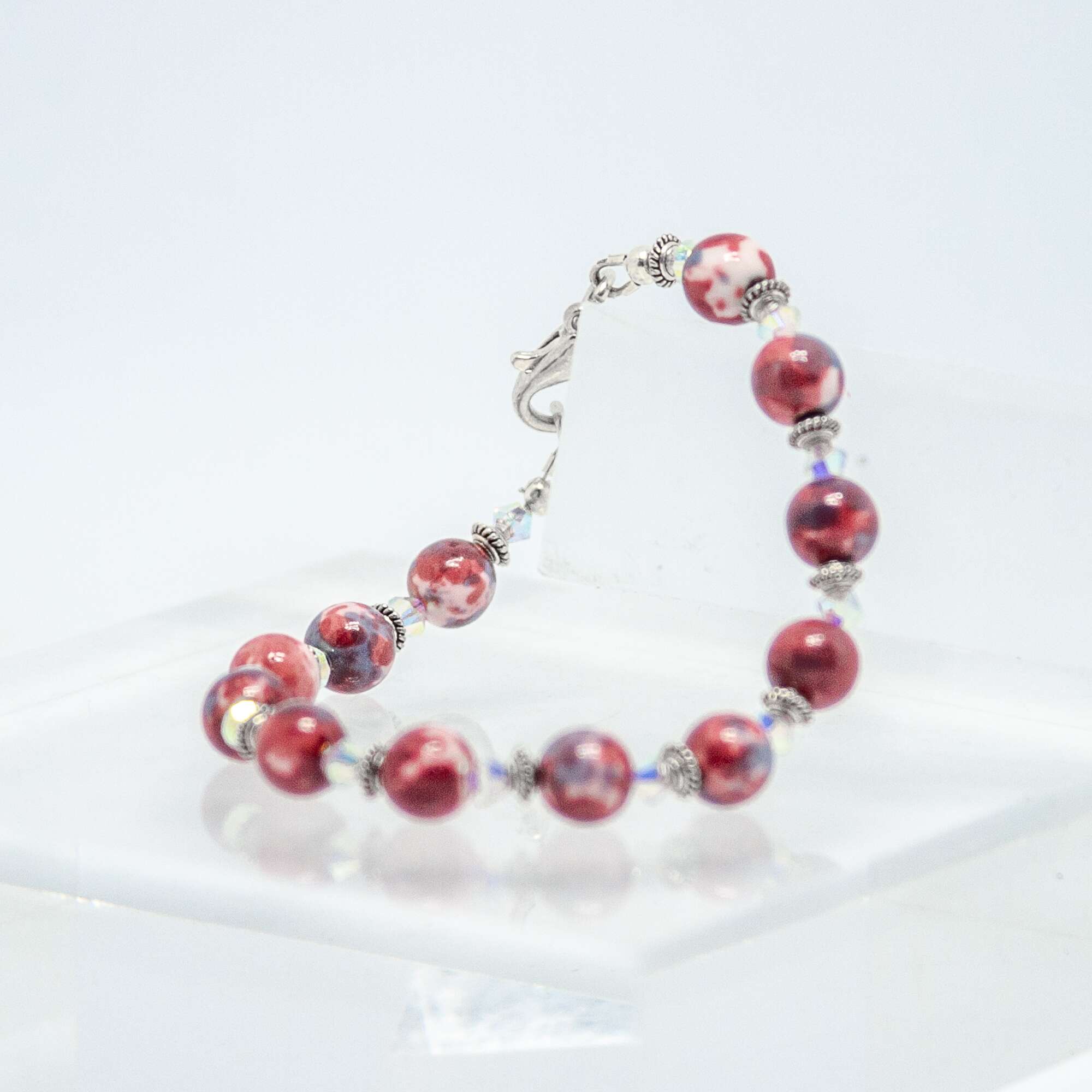 Red and Pink Rainflower Stone and Crystal Bracelet | Becky's Beads Red and Pink Rainflower Stone and Crystal Bracelet