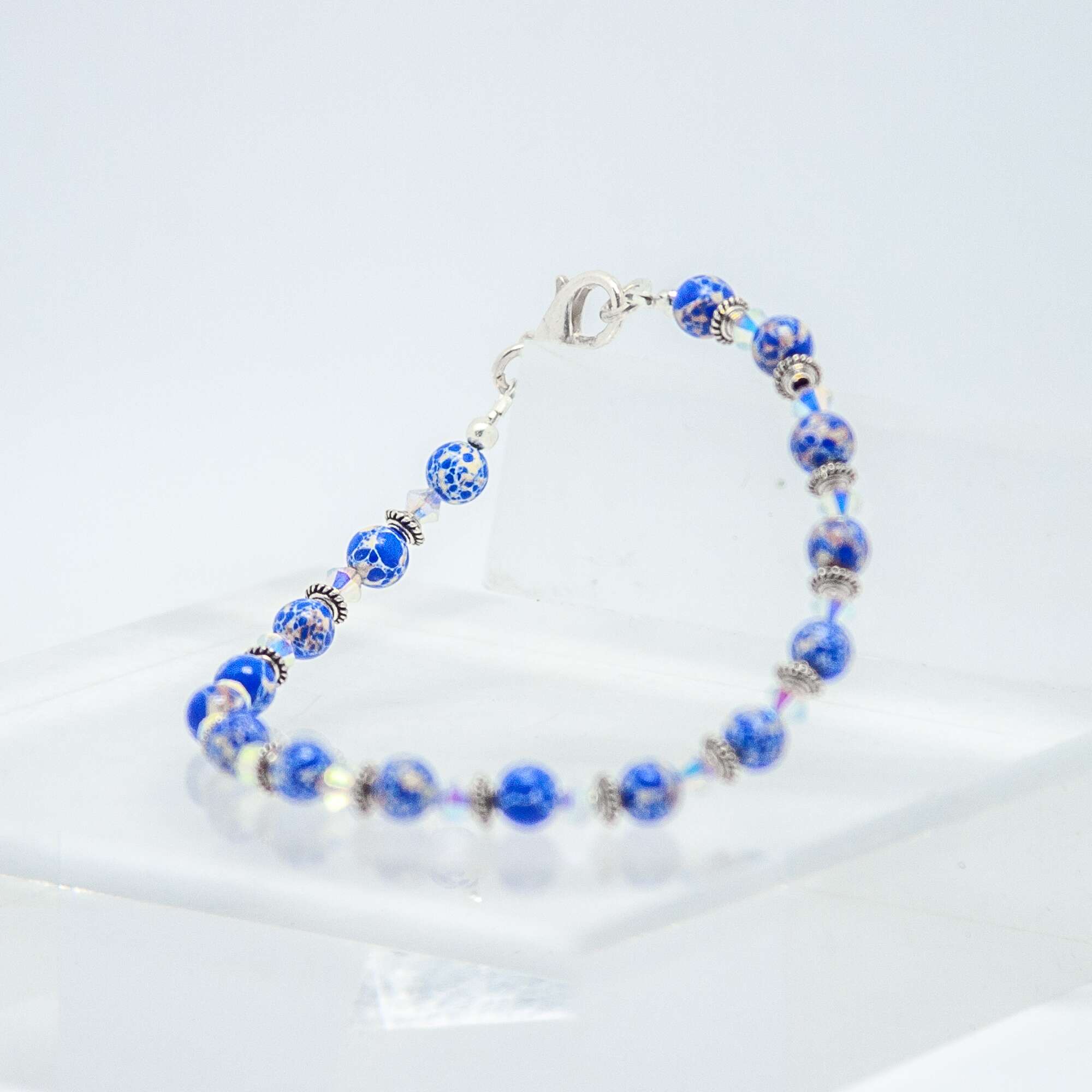 Blue and White Jade and Crystal Bracelet | Becky's Beads Blue and White Jade and Crystal Bracelet