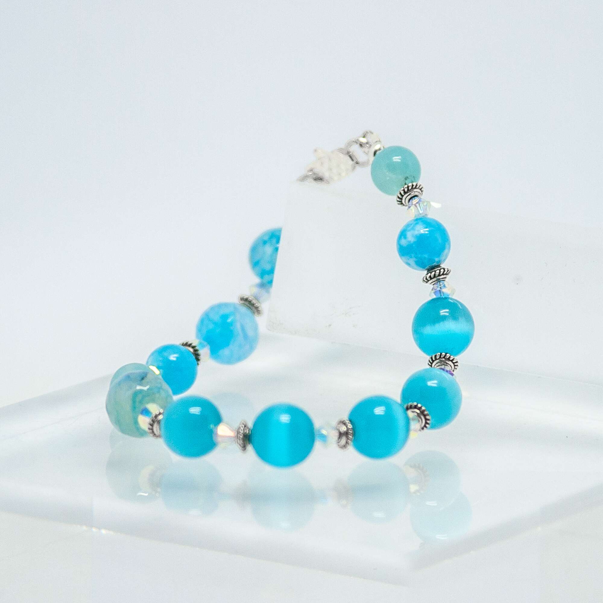 Blue Cats Eye Opal and Crystal Bracelet | Becky's Beads Blue Cats Eye Opal and Crystal Bracelet