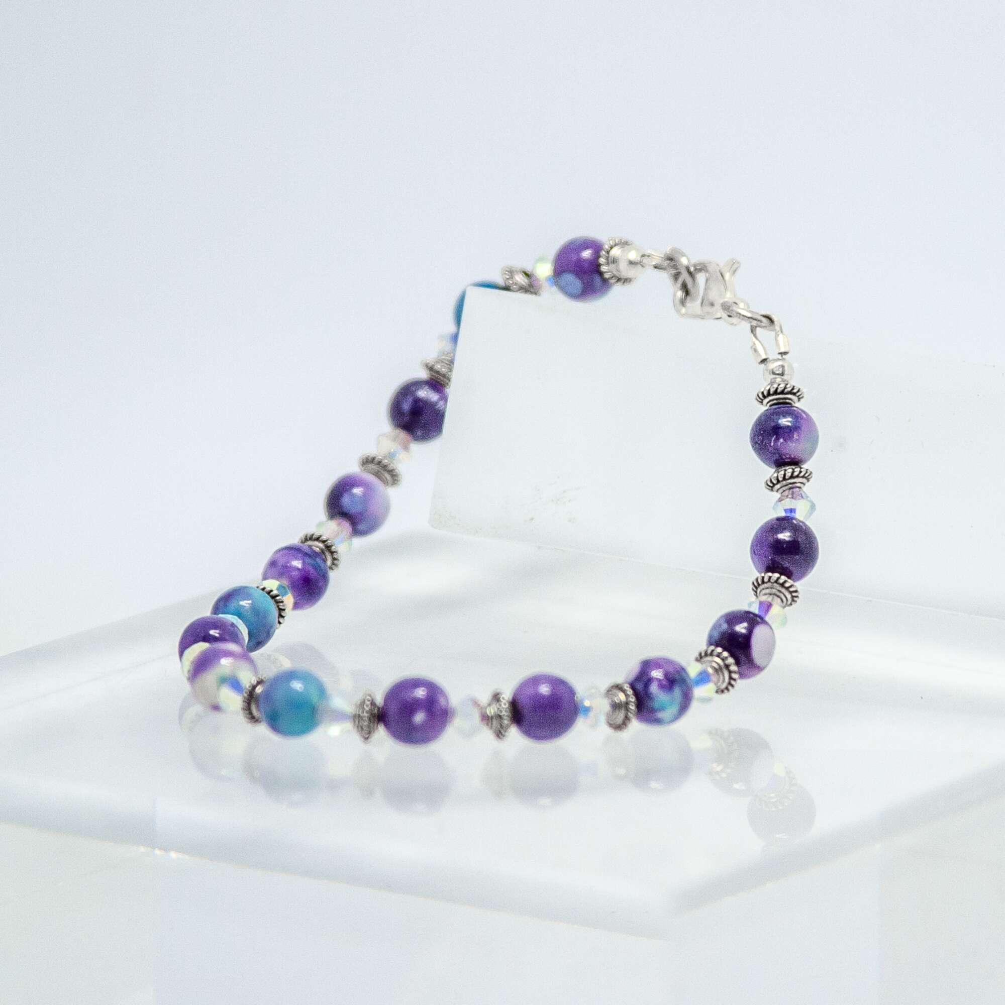Purple, White and Blue Rainflowerstone and Crystal Bracelet | Becky's Beads Purple, White and Blue Rainflowerstone and Crystal Bracelet