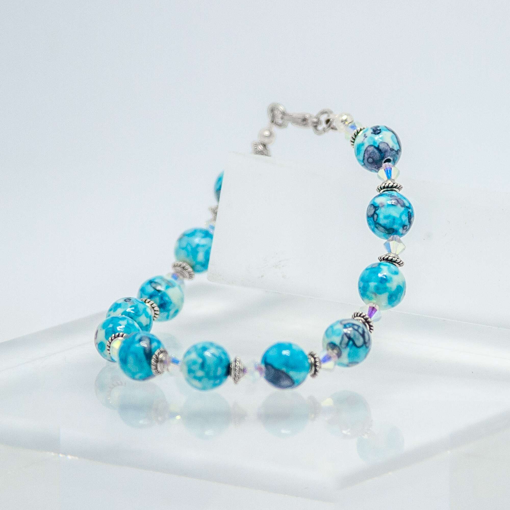 Blue, White and Purple Rainflowerstone and Crystal Bracelet | Becky's Beads Blue, White and Purple Rainflowerstone and Crystal Bracelet