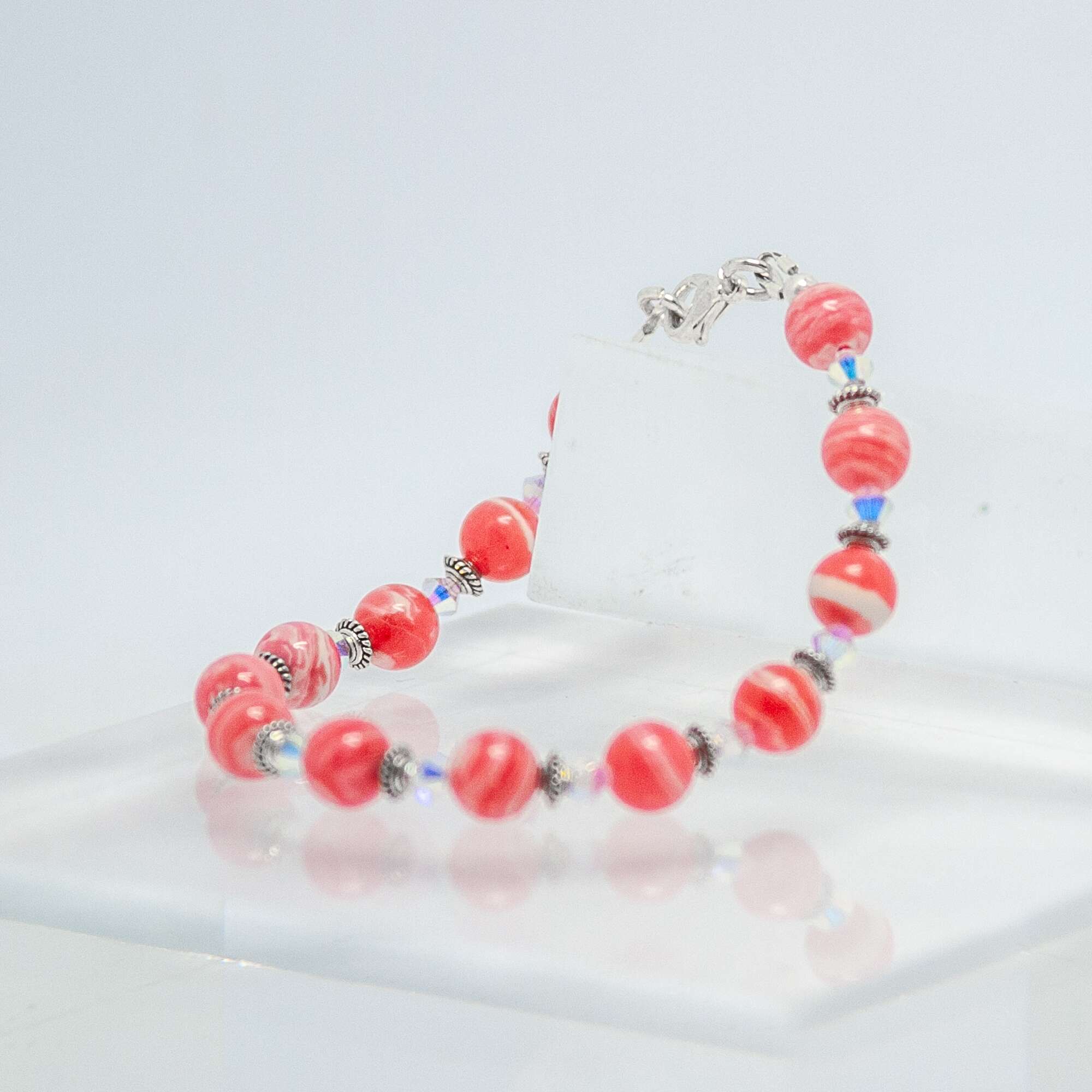Pink and White Banded Agate and Crystal Bracelet | Becky's Beads Pink and White Banded Agate and Crystal Bracelet