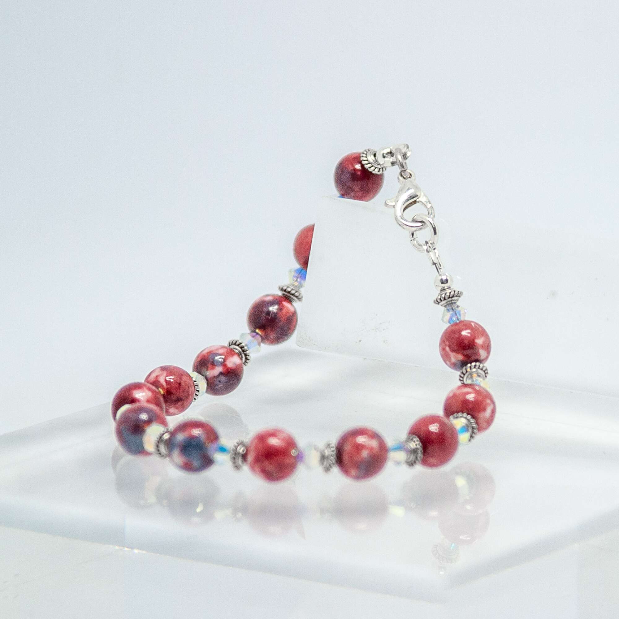 Red and White Rainflowerstone and Crystal Bracelet | Becky's Beads Red and White Rainflowerstone and Crystal Bracelet