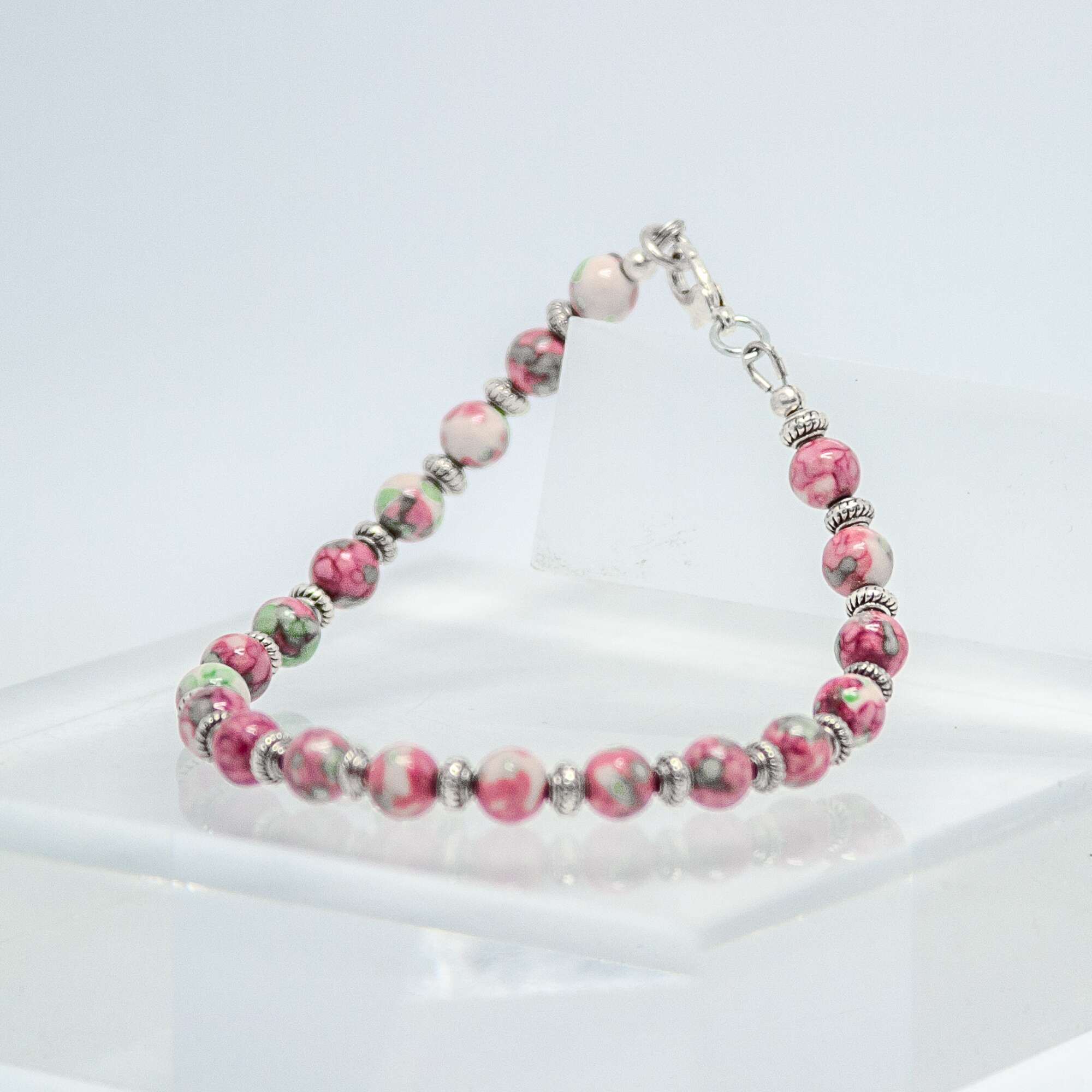 Pink, White and Green Rainflower Stone Bracelet | Becky's Beads Pink, White and Green Rainflower Stone Bracelet