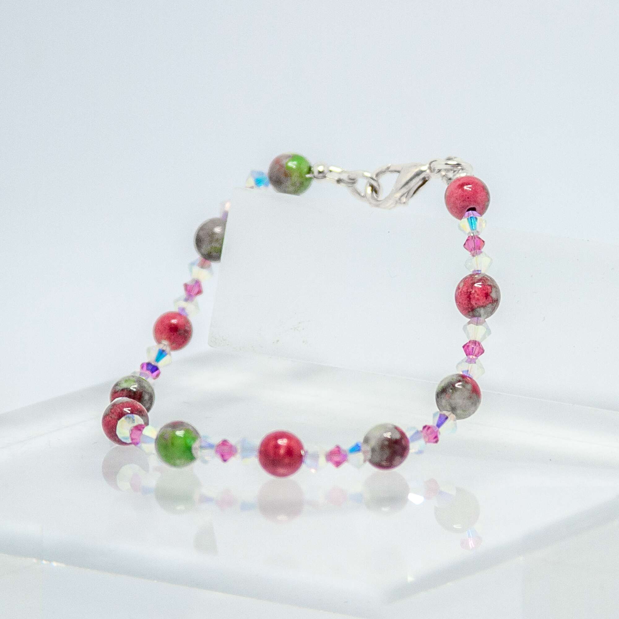 Pink, White and Green Rainflowerstone and Crystal Bracelet | Becky's Beads Pink, White and Green Rainflowerstone and Crystal Bracelet
